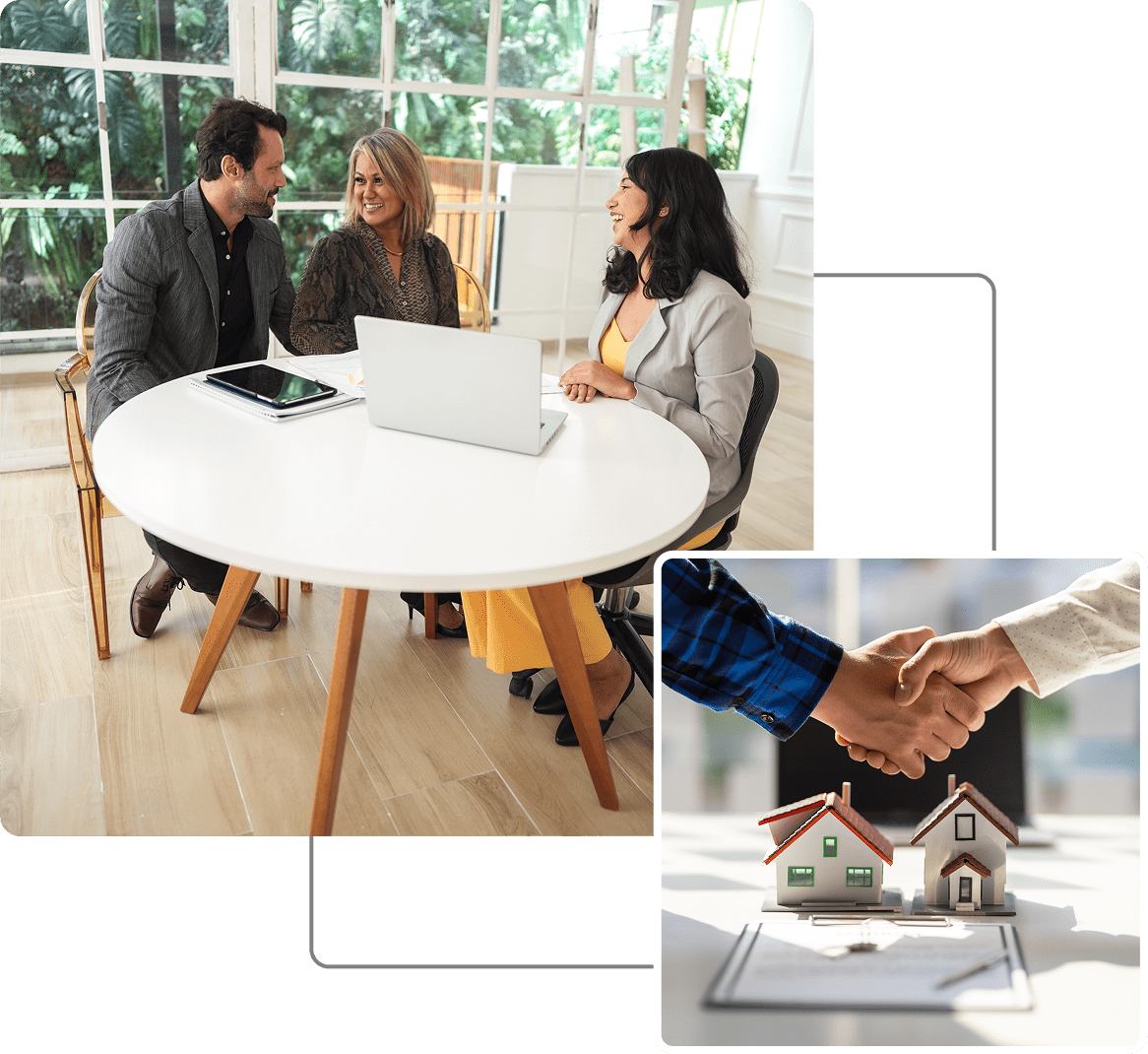 People meeting, handshake over house models.