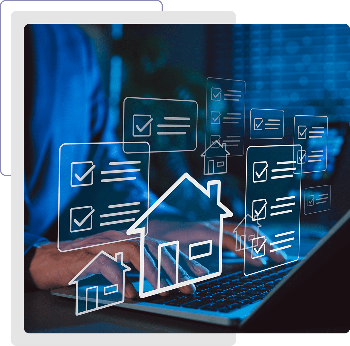 Digital checklist with house icons over keyboard.